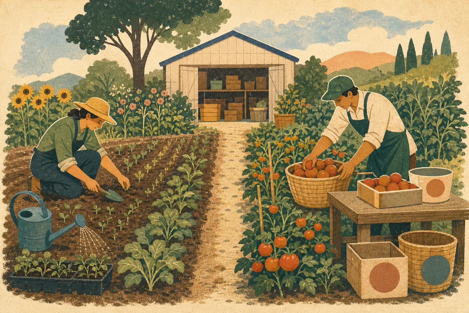 One gardener plants seedlings while another harvests ripe tomatoes for storage.