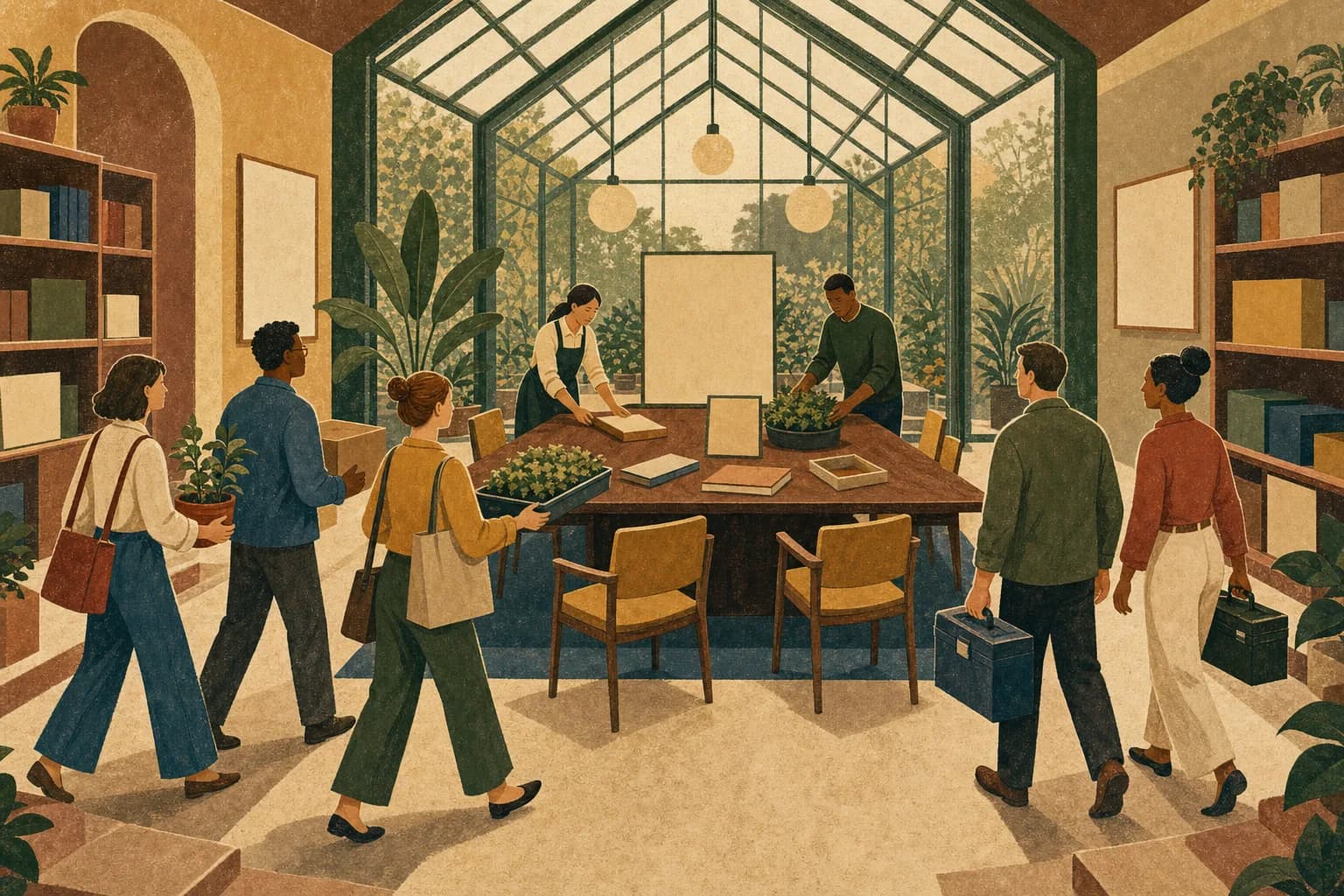 People carrying plants, boxes, and tool cases approach a central greenhouse meeting table.