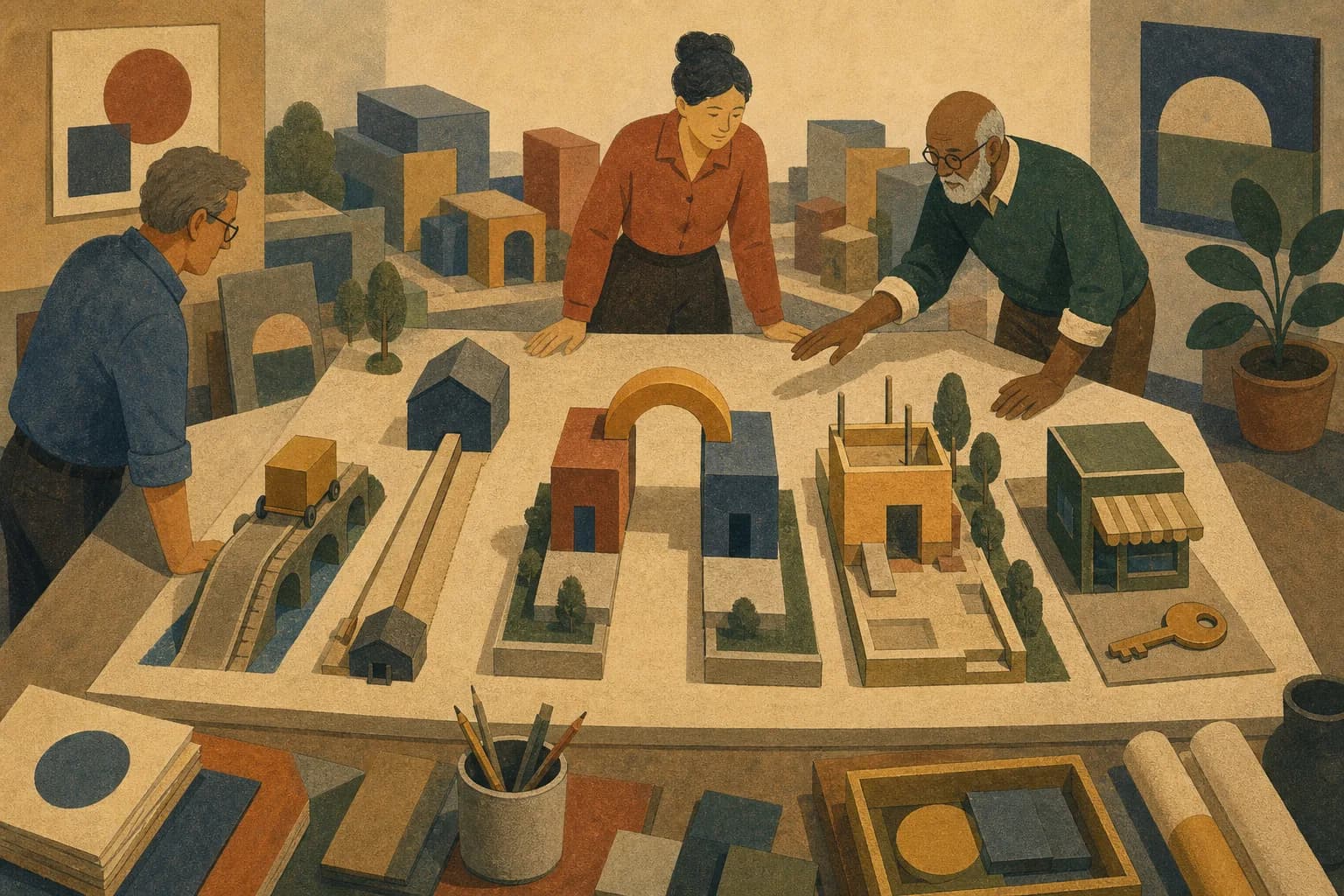 Three planners compare five miniature routes into a model commercial district.