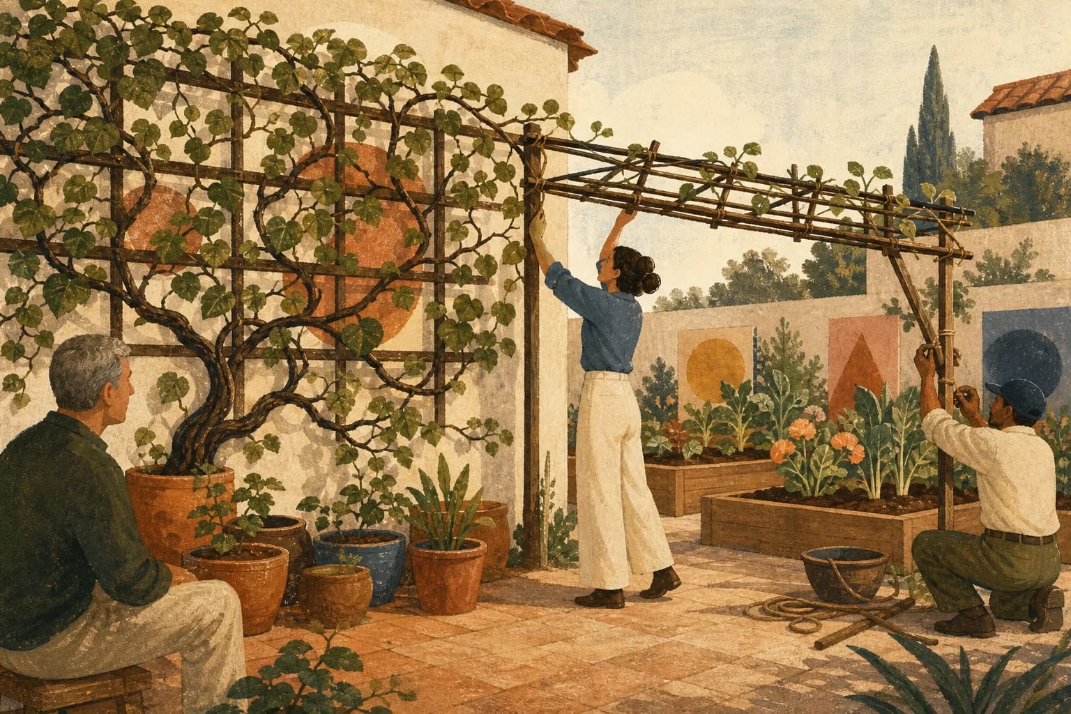 Two marketers extend a trellis beyond a mature referral vine toward new garden beds.